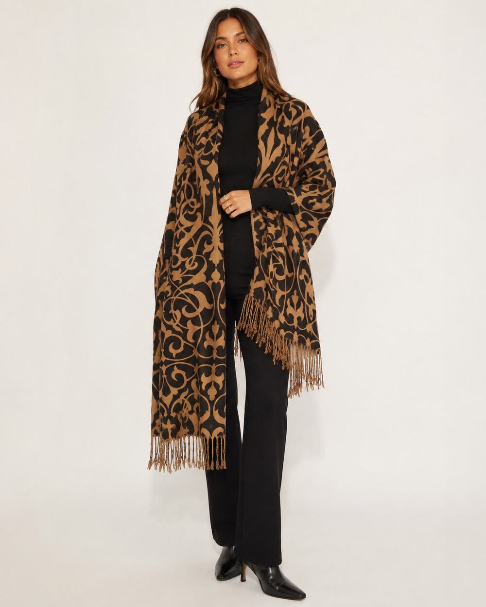 Pashmina Reversible Damask Fringe Shawl Wrap Black Tan 74"
